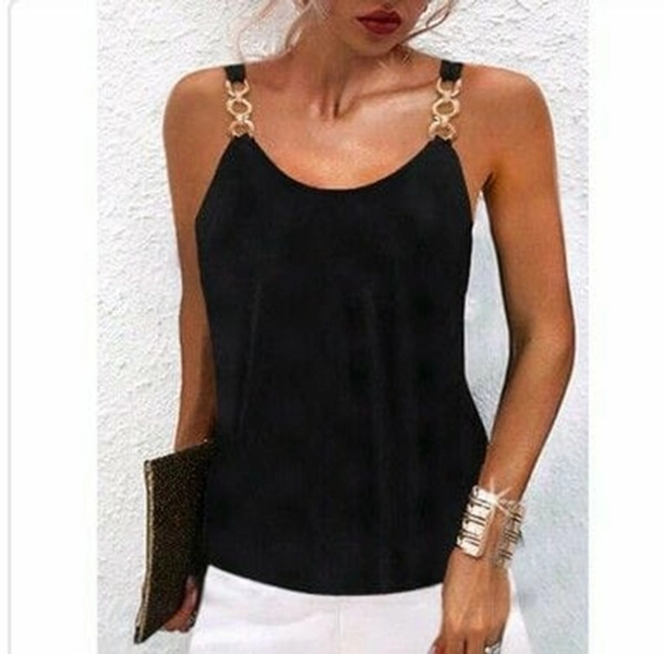 A model wears JAN10740 - Women's Chain Strap Sleeveless Viscose Blouse - Black, wholesale Blouse of Janes to display at Lonca