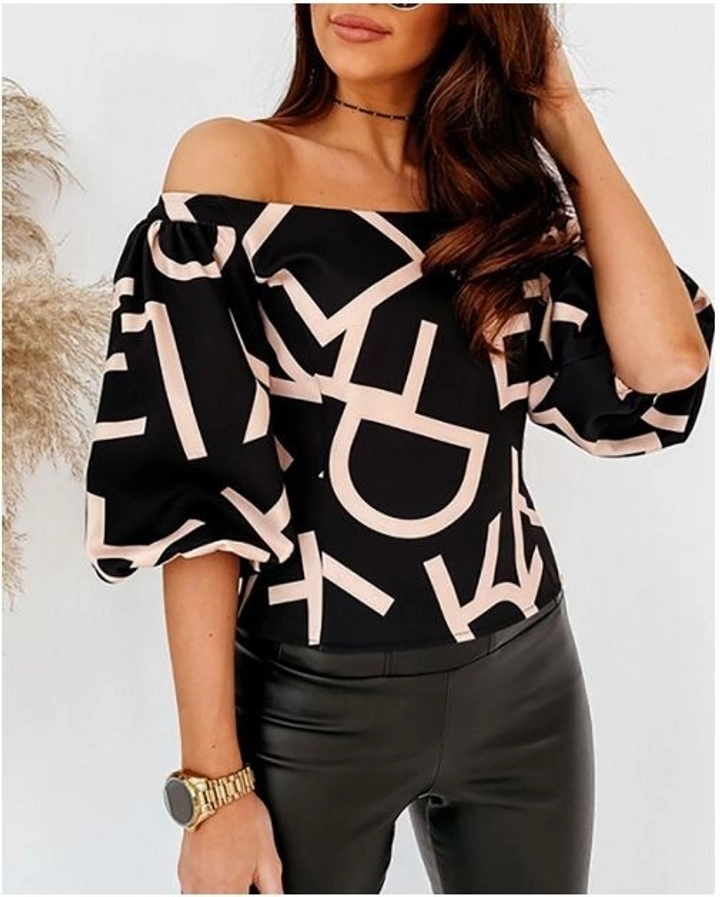 A wholesale clothing model wears JAN10700 - Women's Short Sleeve Madonna Collar Watermelon Sleeve Letter Printed Diving Top - Black, Turkish wholesale Blouse of Janes