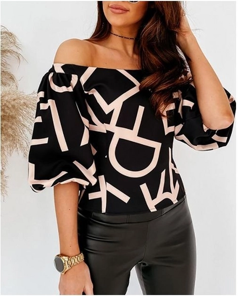 A model wears JAN10700 - Women's Short Sleeve Madonna Collar Watermelon Sleeve Letter Printed Diving Top - Black, wholesale Blouse of Janes to display at Lonca