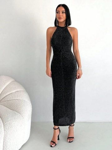 A wholesale clothing model wears  Silvery Buzi Dress - Black
, Turkish wholesale Dress of Janes