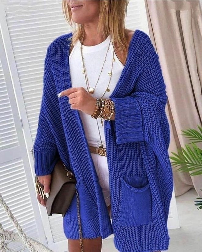 Janes Cardigan in maglia ampia con dettagli tascabili e motivo oversize Blu Abbigliamento all'ingrosso 0