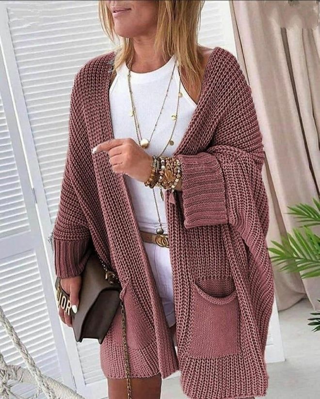 Janes Cardigan in maglia ampia con dettagli tascabili e motivo oversize Rosa Abbigliamento all'ingrosso Casuale