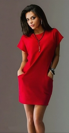 Una modella di abbigliamento all'ingrosso indossa JAN11710 - Women's Short Sleeve Crew Neck Pocket Detail Two Thread Dress - Red, vendita all'ingrosso turca di Vestito di Janes