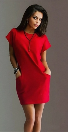 Um modelo de roupas no atacado usa JAN11710 - Women's Short Sleeve Crew Neck Pocket Detail Two Thread Dress - Red, atacado turco Vestir de Janes