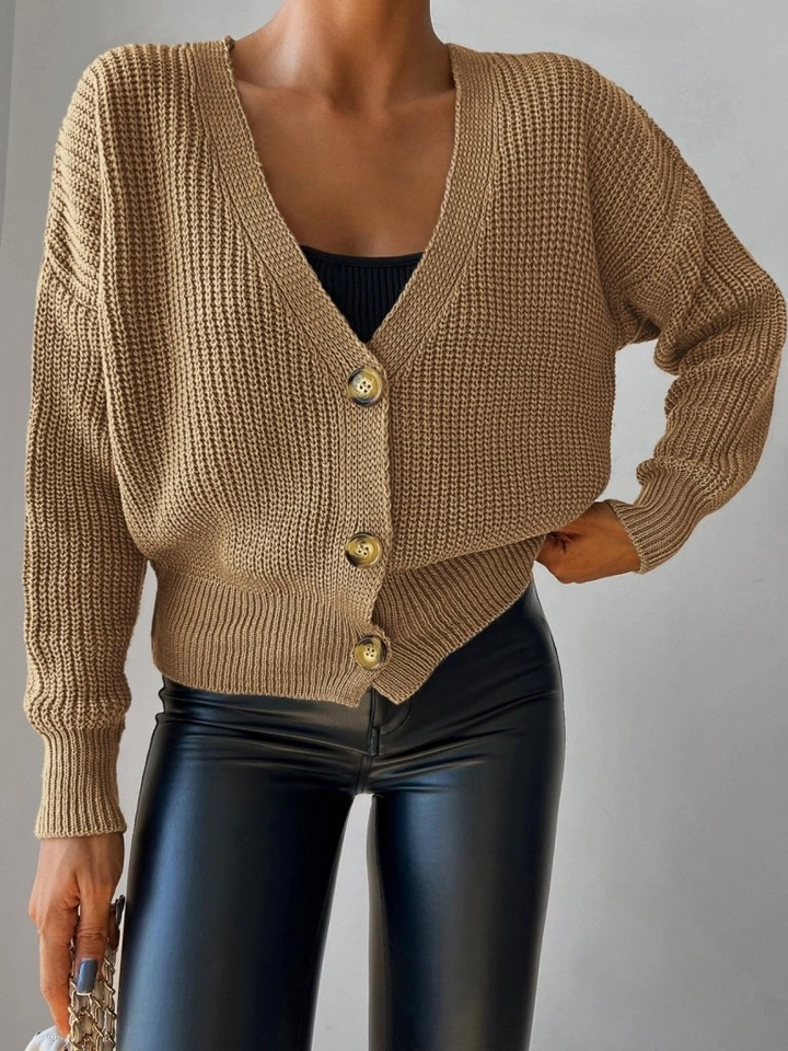 A wholesale clothing model wears jan12196-button-detail-knitwear-cardigan-brown, Turkish wholesale Cardigan of Janes