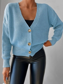 A wholesale clothing model wears jan12344-button-detail-knitwear-blouse-blue, Turkish wholesale Cardigan of Janes