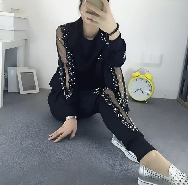 Janes Women's Long Sleeve Crew Neck Arm And Leg Tulle And Pearl Detail Two Thread Two Piece Suit Black Wholesale Clothing 0