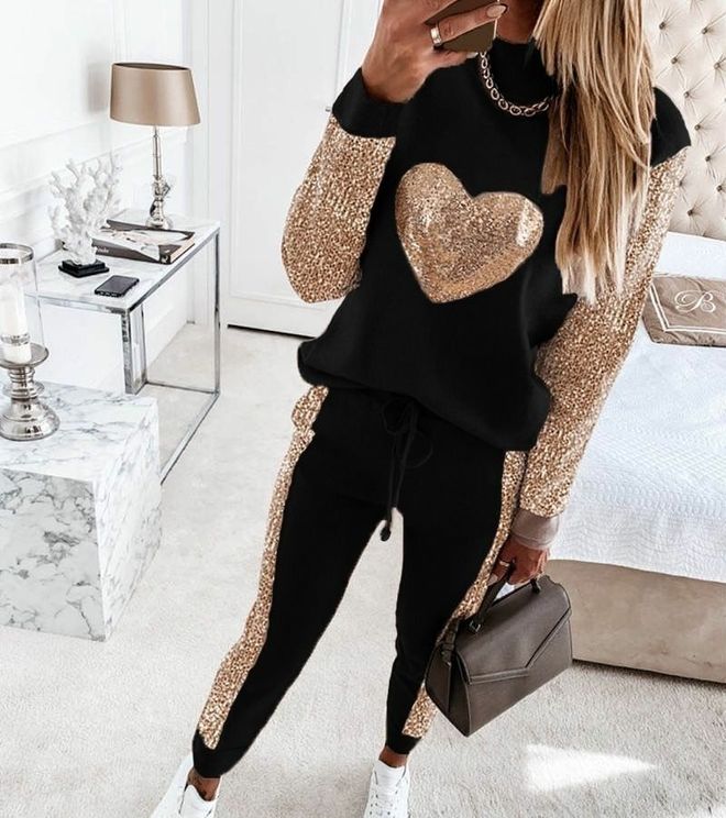 Janes Traje De Dos Piezas De Dos Hilos Con Detalle De Lentejuelas Y Medio Cuello Alto De Manga Larga Para Mujer Negro Ropa al por mayor Casual