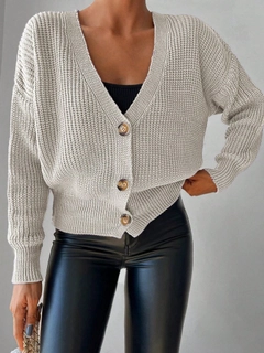 A wholesale clothing model wears jan12664-women's-long-sleeve-button-detail-knitwear-cardigan-gray, Turkish wholesale Cardigan of Janes