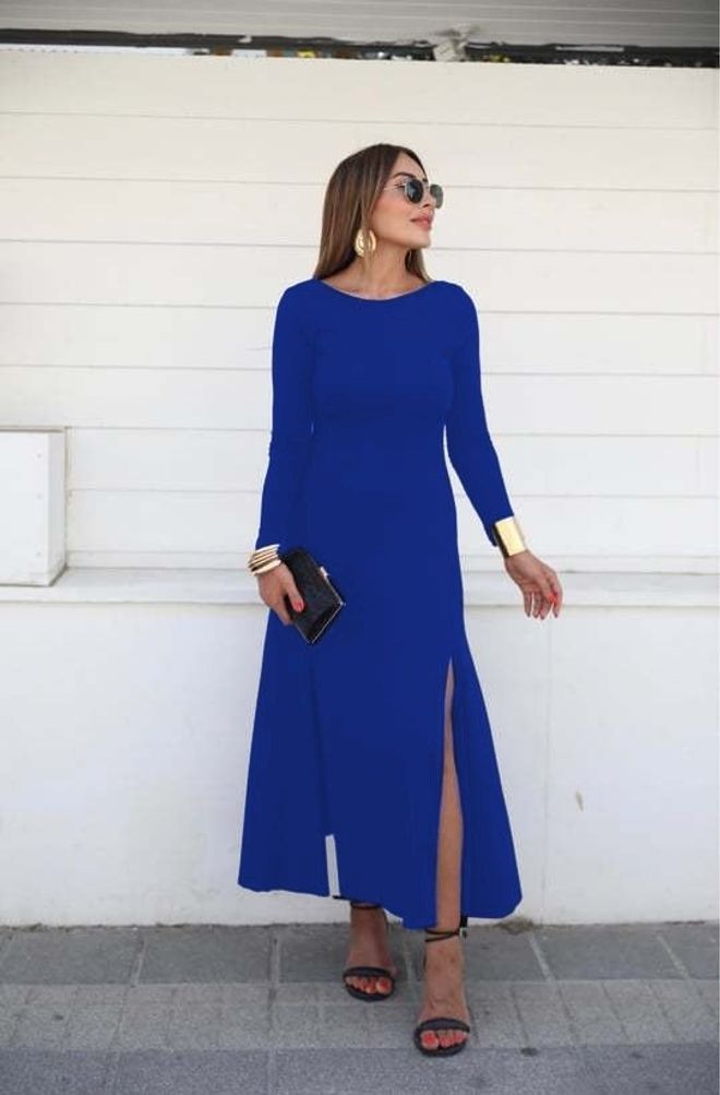 Janes Γυναικείο Μακρυμάνικο Ελαφρύ Βάρκα Λαιμό Χωρίς Σχίσιμο Με Λεπτομέρεια Βισκόζη Ολόσωμο Φόρεμα Μπλε Χονδρικό εμπόριο ενδυμάτων Επίσημο