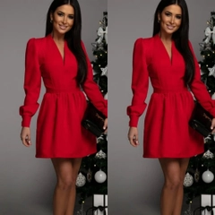 A wholesale clothing model wears jan12766-women's-long-sleeve-light-waist-pleated-scuba-crepe-mini-dress-red, Turkish wholesale Dress of Janes
