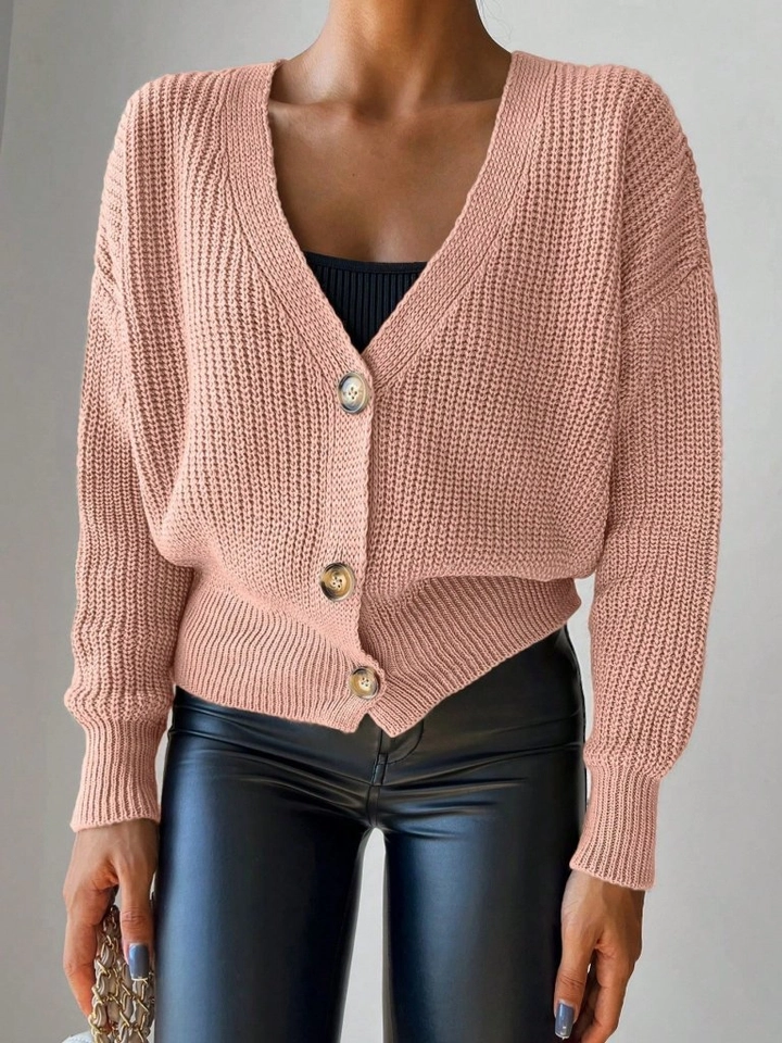 A wholesale clothing model wears jan12702-women's-long-sleeve-button-detail-knitwear-cardigan-powder-pink, Turkish wholesale Cardigan of Janes