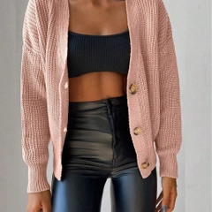 A wholesale clothing model wears jan12702-women's-long-sleeve-button-detail-knitwear-cardigan-powder-pink, Turkish wholesale Cardigan of Janes