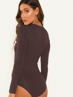 A wholesale clothing model wears jan12843-sandy-fabric-bodysuit-brown, Turkish wholesale Blouse of Janes