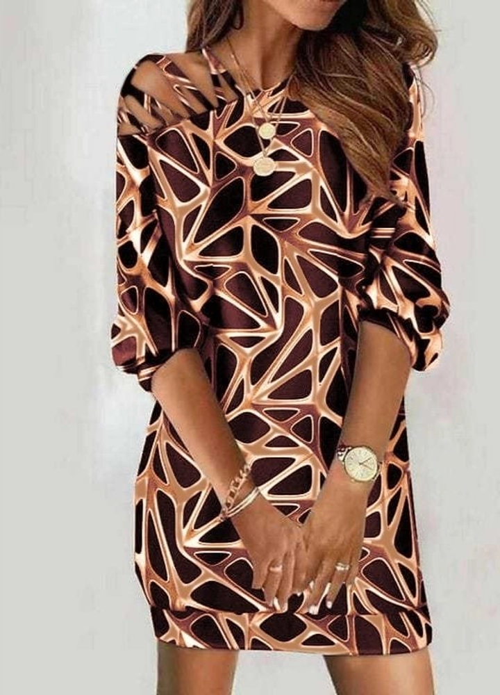 A wholesale clothing model wears jan13111-women's-long-sleeve-one-shoulder-cross-strap-detail-scuba-diver-mini-dress-brown, Turkish wholesale Dress of Janes