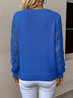 A wholesale clothing model wears jan13773-women's-long-sleeve-sleeve-holes-diamond-pattern-detailed-knitwear-sweater-blue, Turkish wholesale Blouse of Janes