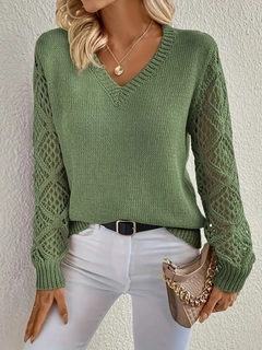 A wholesale clothing model wears jan13776-women's-long-sleeve-sleeve-holes-diamond-pattern-detailed-knitwear-sweater-khaki, Turkish wholesale Sweater of Janes