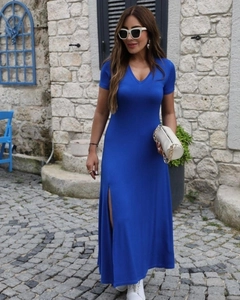 A wholesale clothing model wears jan13796-short-sleeve-slit-viscose-dress-saks, Turkish wholesale Dress of Janes