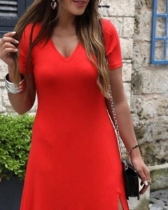 A wholesale clothing model wears jan13797-short-sleeve-slit-viscose-dress-red, Turkish wholesale Dress of Janes
