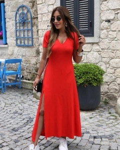 A wholesale clothing model wears jan13797-short-sleeve-slit-viscose-dress-red, Turkish wholesale Dress of Janes