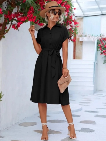 A wholesale clothing model wears  Women's Short Sleeve Belted Waist Aerobin Mini Dress - Black
, Turkish wholesale Dress of Janes
