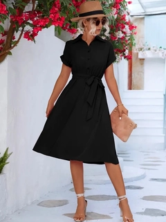 A wholesale clothing model wears jan13721-women's-short-sleeve-belted-waist-aerobin-mini-dress-black, Turkish wholesale Dress of Janes
