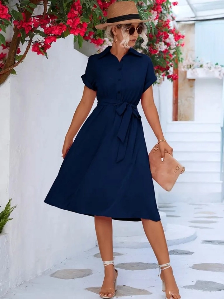 A wholesale clothing model wears jan13725-women's-short-sleeve-belted-waist-aerobin-mini-dress-navy-blue, Turkish wholesale Dress of Janes