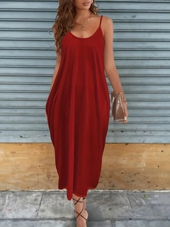 A wholesale clothing model wears jan13730-women's-sleeveless-rope-strap-round-neck-pocket-viscose-dress-red, Turkish wholesale Dress of Janes