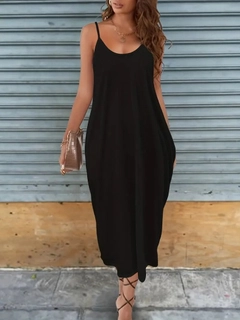 A wholesale clothing model wears jan13732-women's-sleeveless-rope-strap-round-neck-pocket-viscose-dress-black, Turkish wholesale Dress of Janes