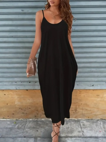 A wholesale clothing model wears  Women's Sleeveless Rope Strap Round Neck Pocket Viscose Dress - Black
, Turkish wholesale Dress of Janes