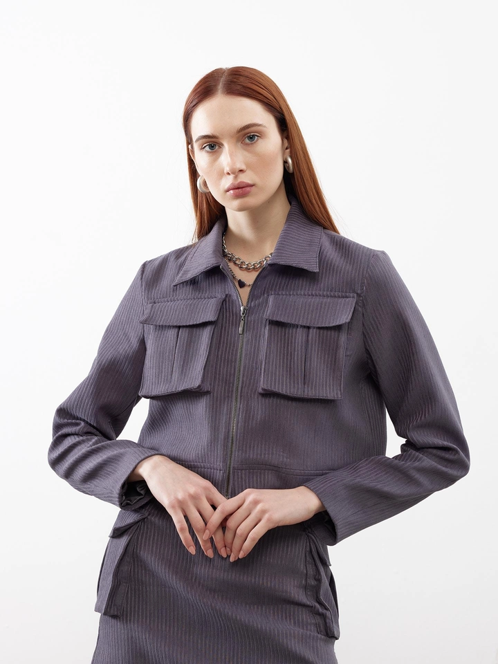 A wholesale clothing model wears jst10300-velvet-pocket-detail-jacket-anthracite, Turkish wholesale Jacket of Juste