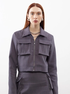 A wholesale clothing model wears jst10300-velvet-pocket-detail-jacket-anthracite, Turkish wholesale Jacket of Juste