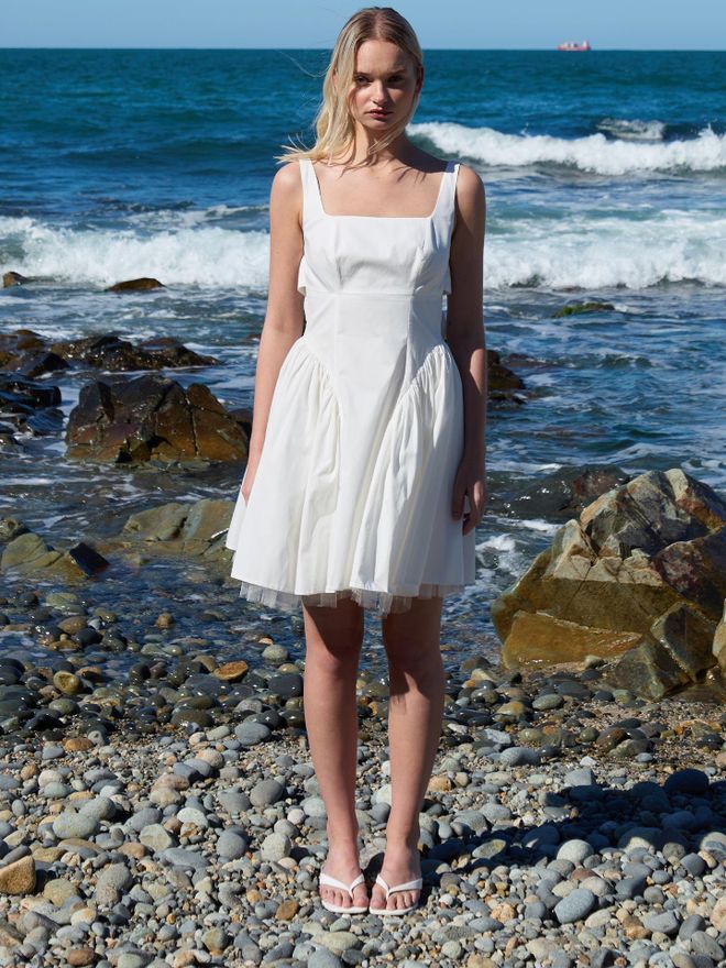 Juste Fiyonk Detay Poplin Mini Elbise Beyaz Toptan Giyim Gündelik