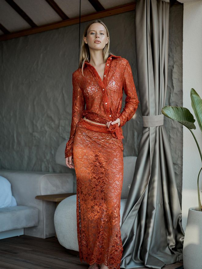 Juste Gonna Lunga In Pizzo Dorato Rossa Abbigliamento all'ingrosso Elegante