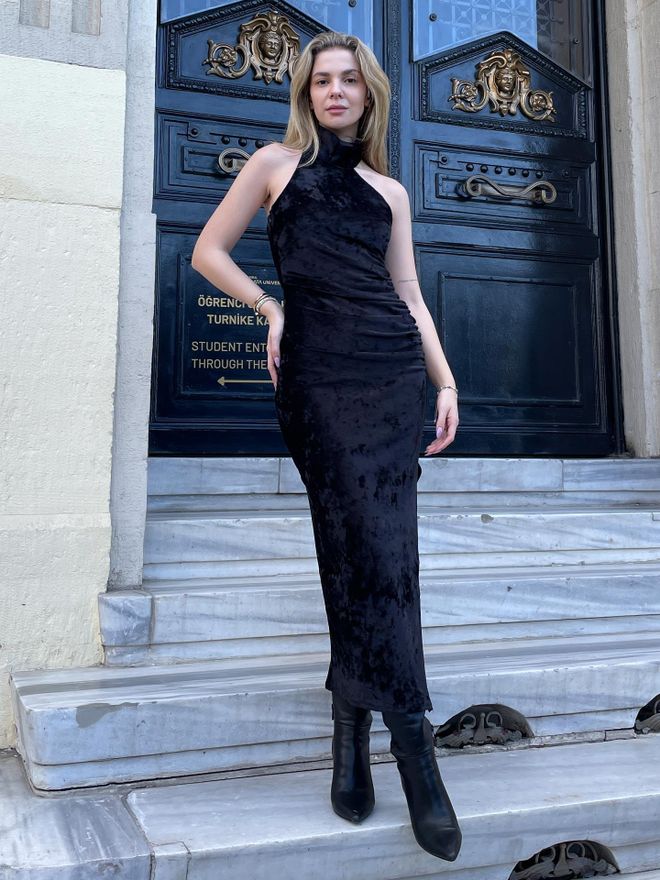 Juste Ασύμμετρος Γιακάς Velvet Midi Φόρεμα Μαύρο Χονδρικό εμπόριο ενδυμάτων Επίσημο