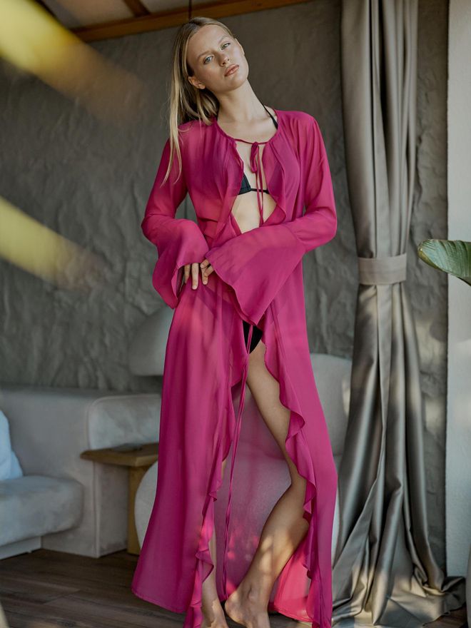 Juste Kimono Con Pareo In Chiffon Con Volant Fucsia Abbigliamento all'ingrosso Casuale