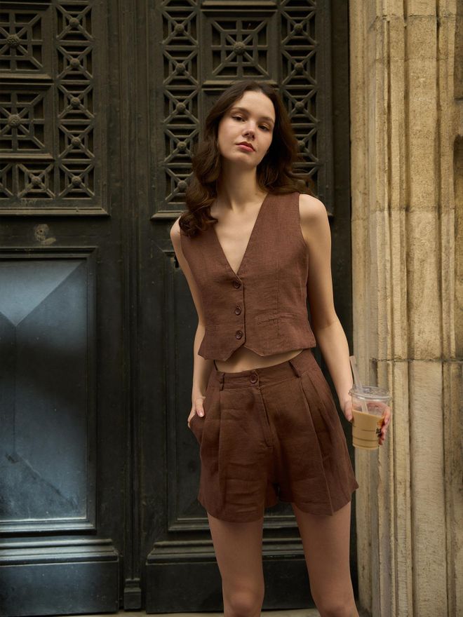 Juste 100% Linen Vest Brown Wholesale Clothing 0