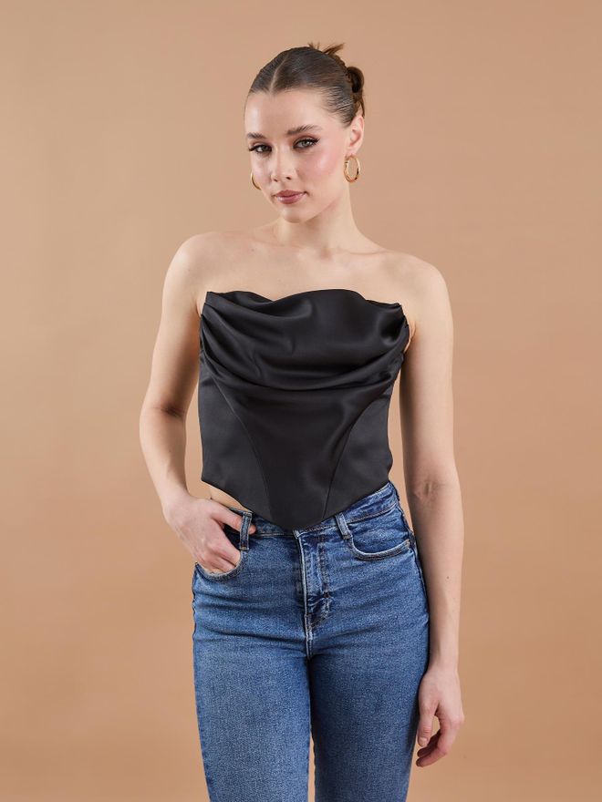 Juste Bustier Negro Satinado Con Detalle De Volantes Ropa al por mayor Elegante