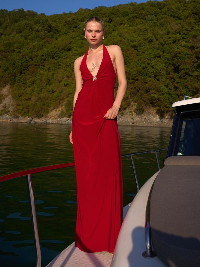 Juste Rojo Sexy Elegante Glam Formal Maxi Vestido Slip Ropa al por mayor Sexy