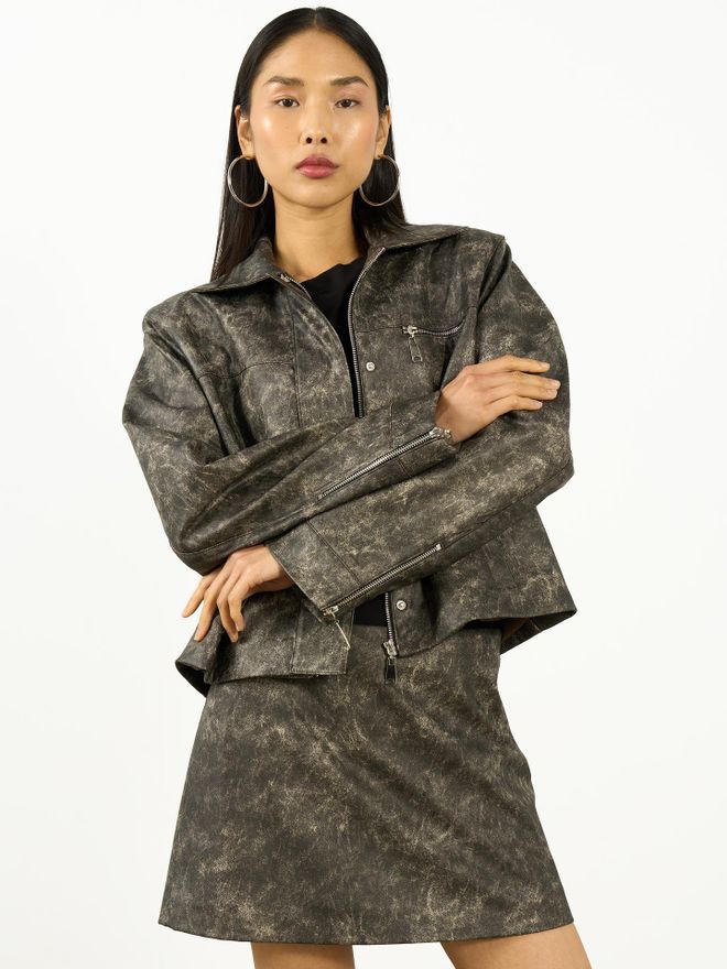 Juste Црна Бикер Јакна Са Мермерним Узорком Велепродаја одеће Неформалан