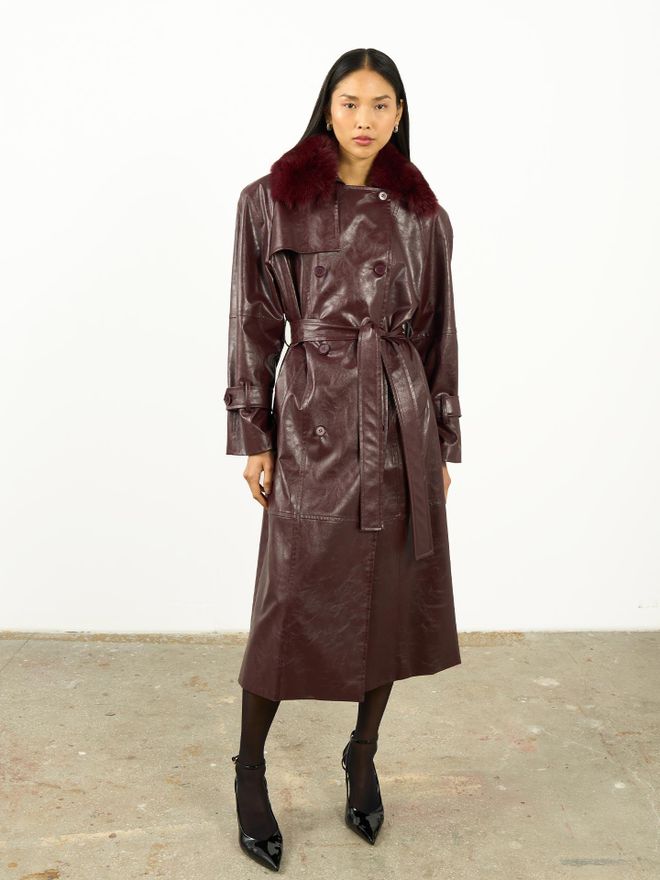 Juste Bordeauxrood Trenchcoat Elegant Double Breasted Gekerfde Kraag Groothandel Kleding Sexy