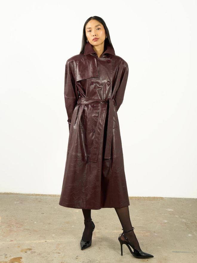 Juste Bordeauxrood Trenchcoat Elegant Double Breasted Gekerfde Kraag Groothandel Kleding 5