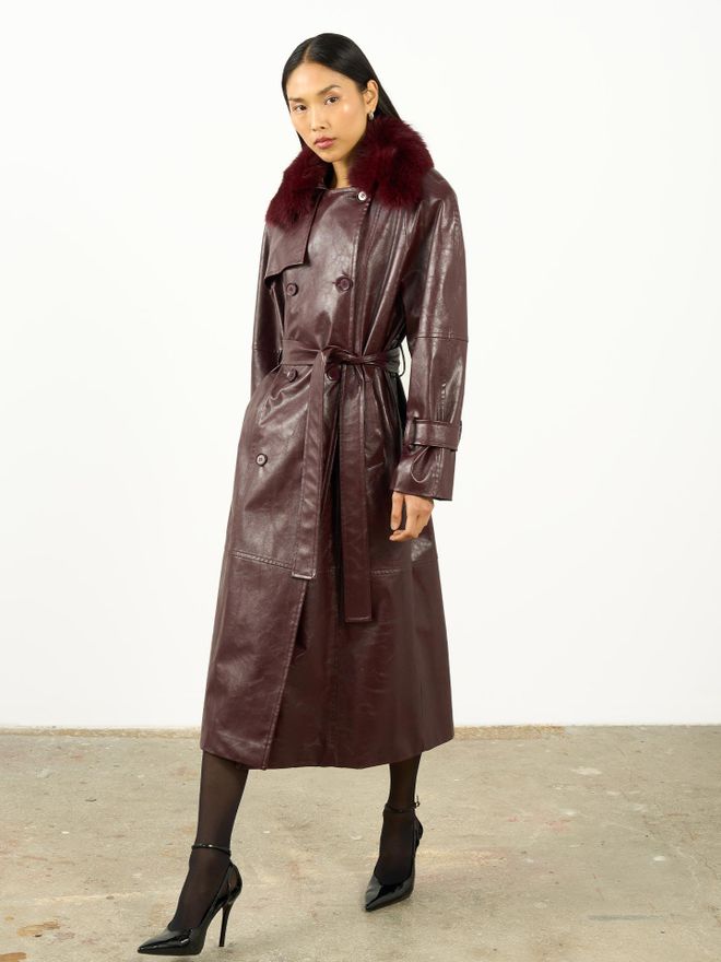 Juste Bordeauxrood Trenchcoat Elegant Double Breasted Gekerfde Kraag Groothandel Kleding 1