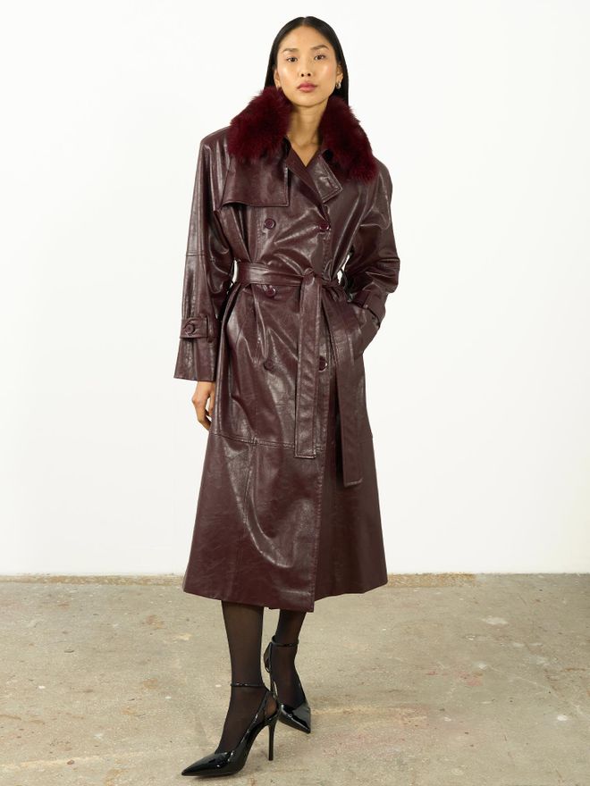 Juste Claret Red Trenchcoat Elegant Double Breasted Notched Collar Wholesale Clothing Vintage