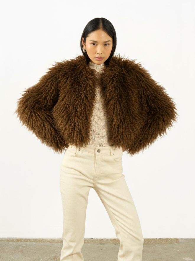 Juste Kahverengi Kürk Ceket Nostaljik Zarif Stil Toptan Giyim Gündelik