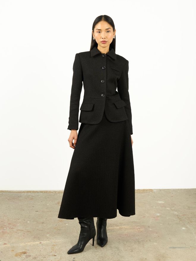 Juste Kapaklı Cepli Zarif Siyah Maksi Flared Etek Toptan Giyim Resmi