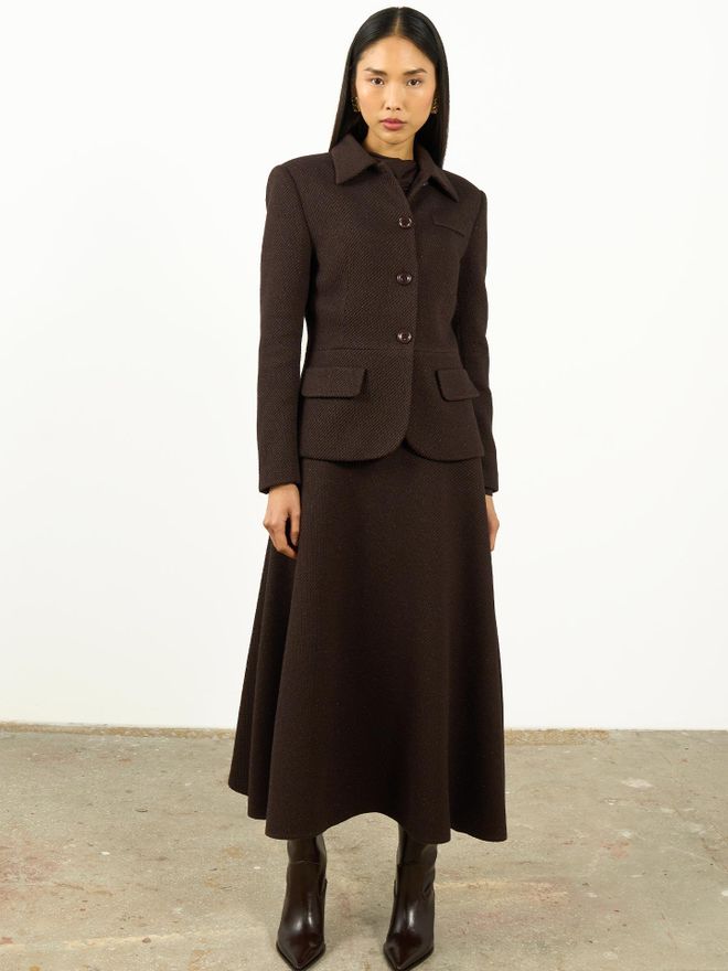 Juste Kahverengi Zarif Düğmeli Flared Maksi Etek Yüksek Bel Toptan Giyim Tesettür