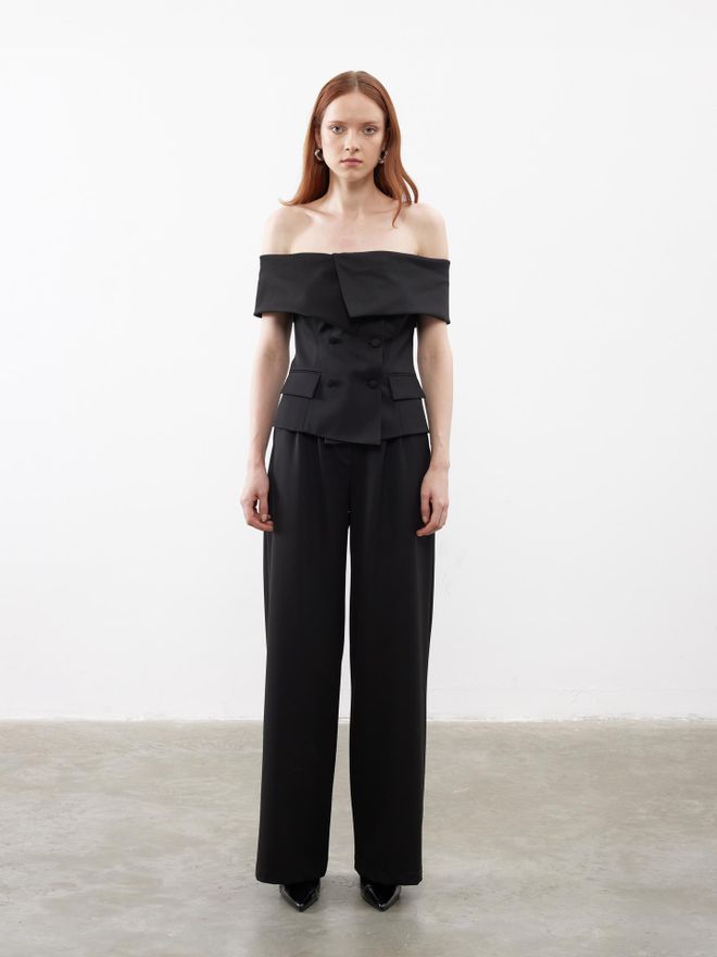 Juste Pantaloni palazzo con pieghe dettagliate Neri Abbigliamento all'ingrosso Formale