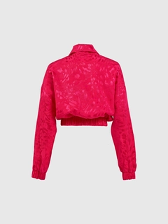A wholesale clothing model wears jst10158-patterned-fuchsia-satin-bomber-jacket, Turkish wholesale Jacket of Juste