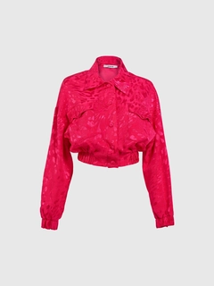 A wholesale clothing model wears jst10158-patterned-fuchsia-satin-bomber-jacket, Turkish wholesale Jacket of Juste